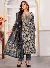 Black Chanderi embroidered readymade women’s suit with printed dupatta