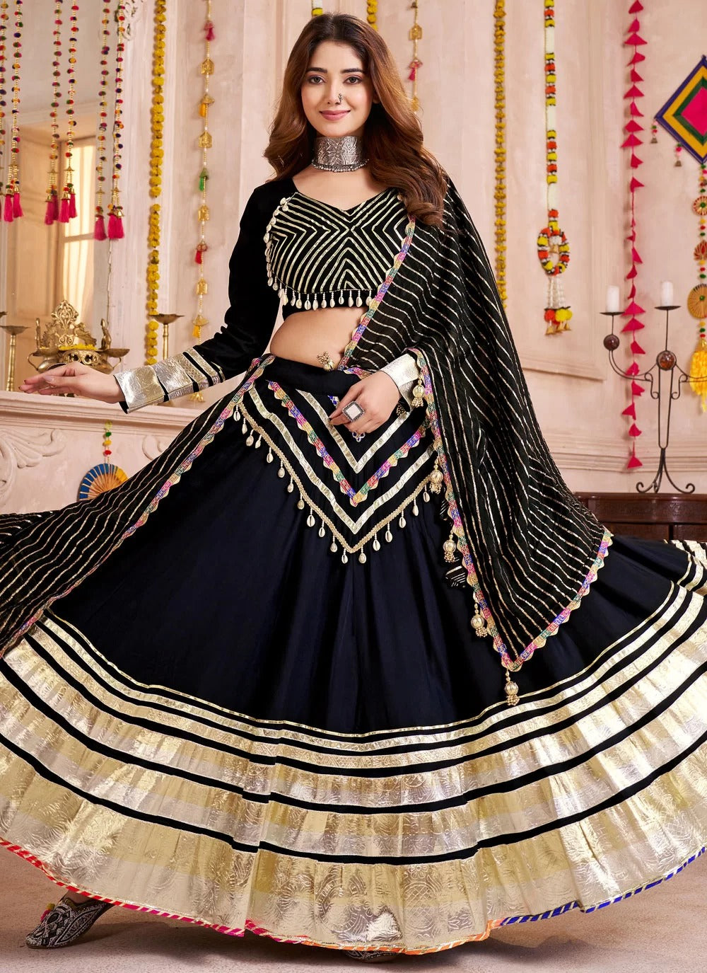 Black Lehenga Choli with Gamthi Lace & Mirror Work for Navratri
