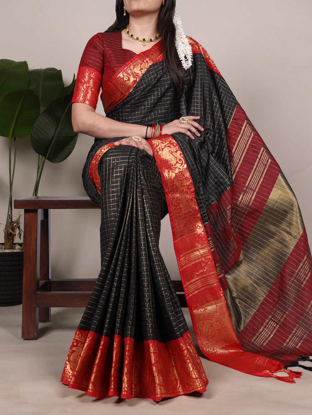 Black chex saree for festive and wedding wear