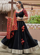Black Embroidered Viscose Rayon Mirror Work Lehenga Choli for Traditional Navratri Outfits