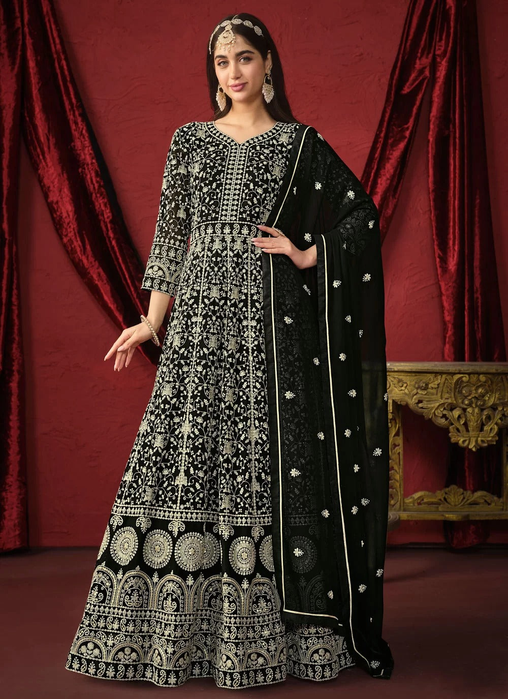 Elegant black faux georgette embroidered eid special suit with dupatta front and back work