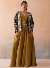 Black indo western co-ord set with embroidered raw silk jacket