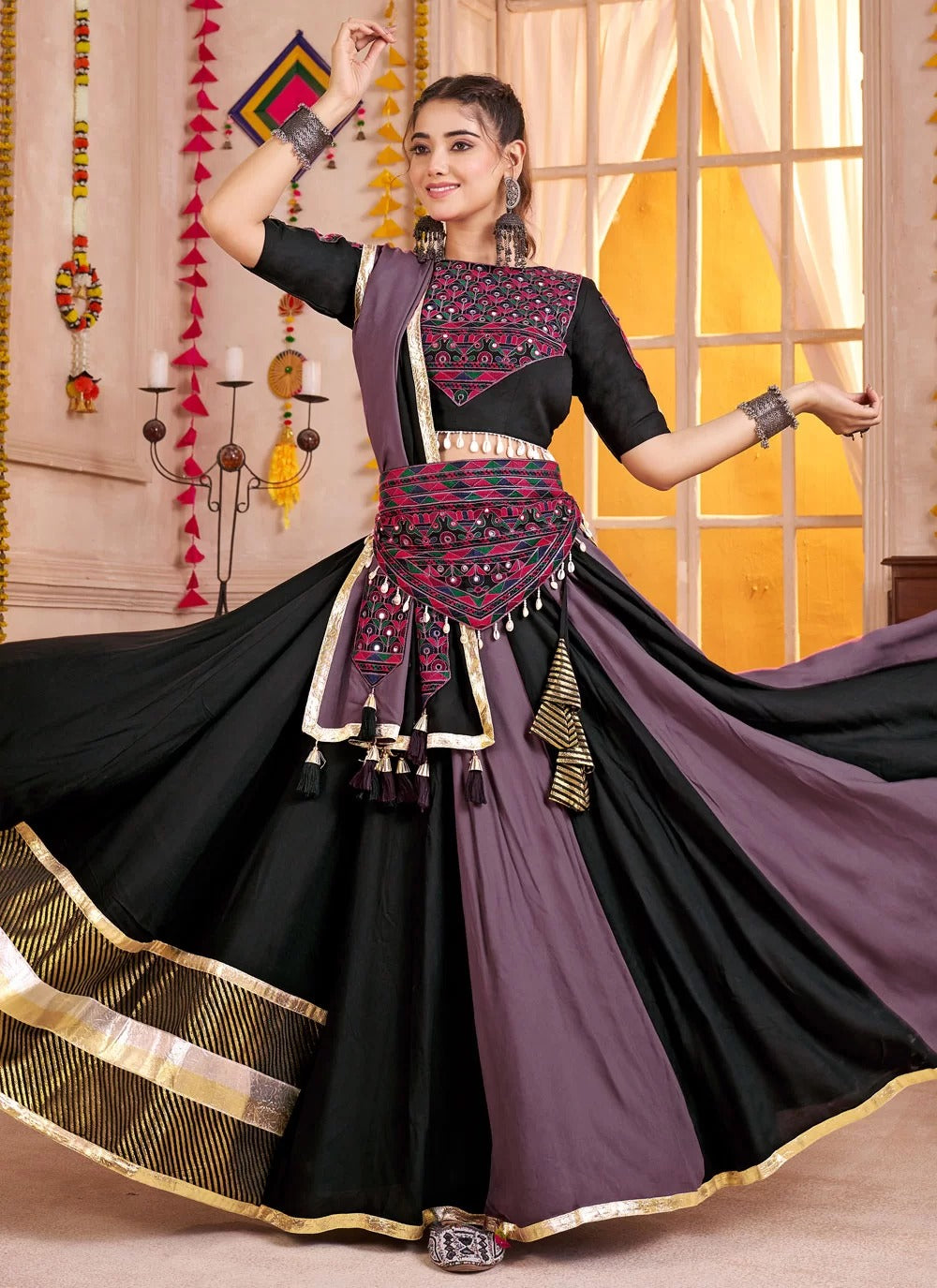 Multi color Navratri lehenga choli with black kutchi blouse and black-purple dupatta