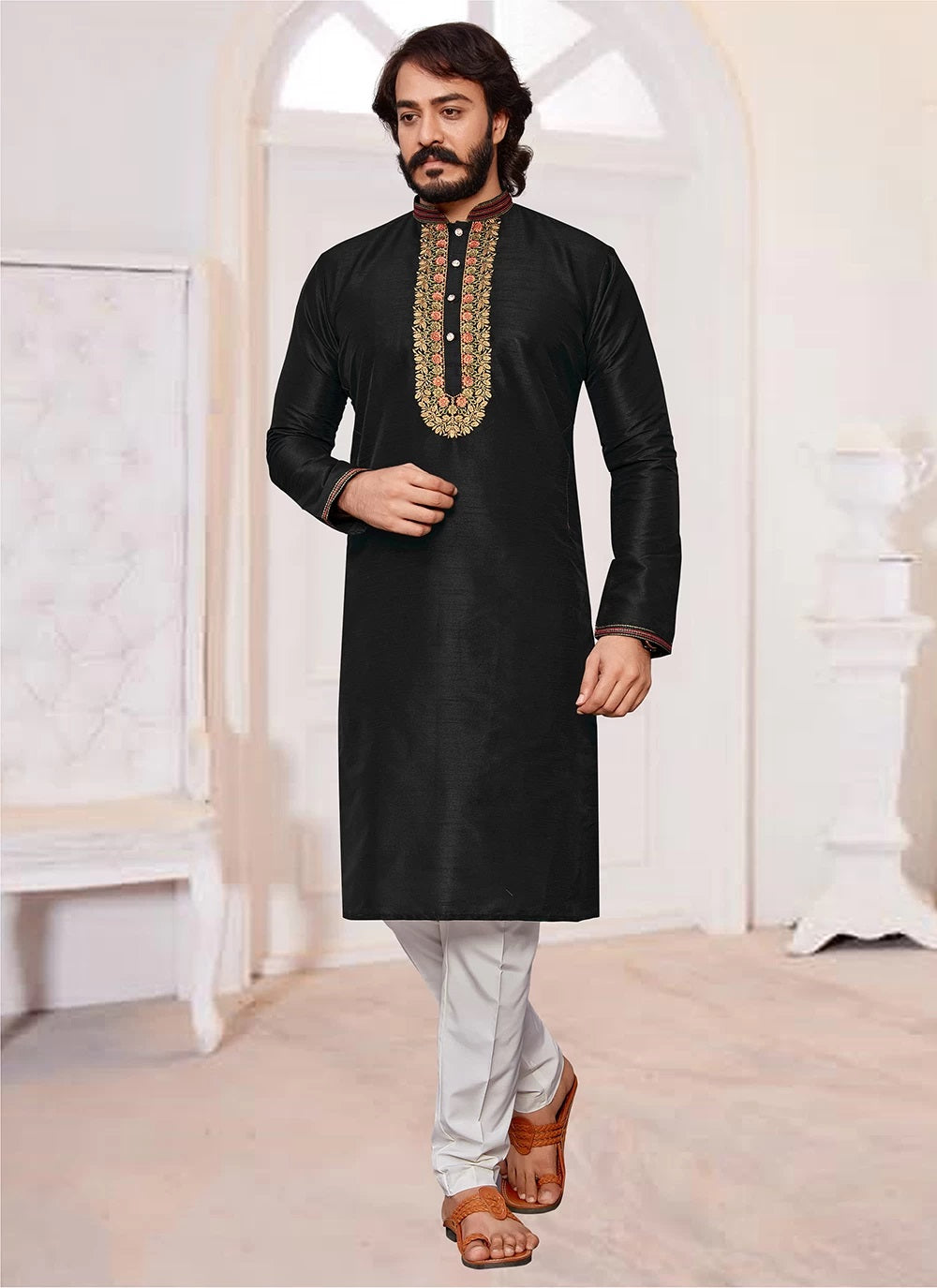 Black Mens Kurta Pajama In Art Silk With Embroidery