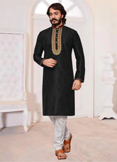 Black Mens Kurta Pajama In Art Silk With Embroidery