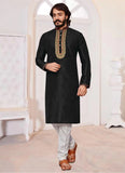 Black Mens Kurta Pajama In Art Silk With Embroidery