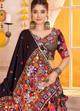 Black viscose cotton lehenga with lampi border and print design