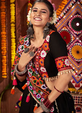 Black viscose cotton lehenga with Kutchi work choli