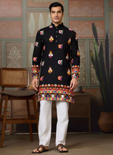Stylish Black Cotton Mirror Work Men’s Kurta for Navratri