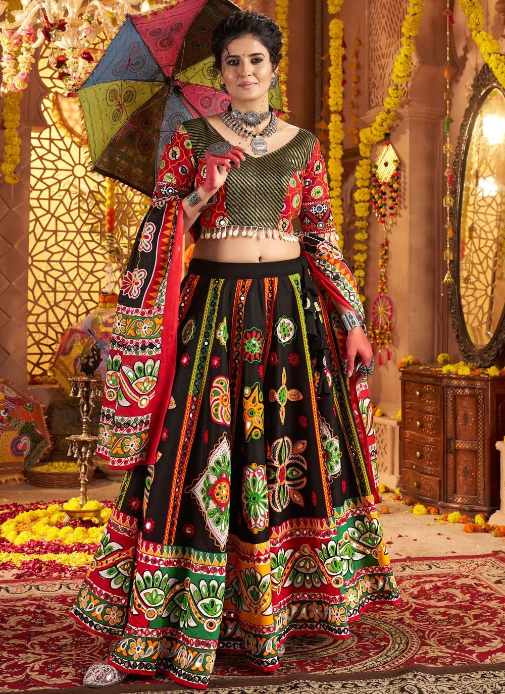 Black Navratri lehenga choli in organic cotton with foil & aari work