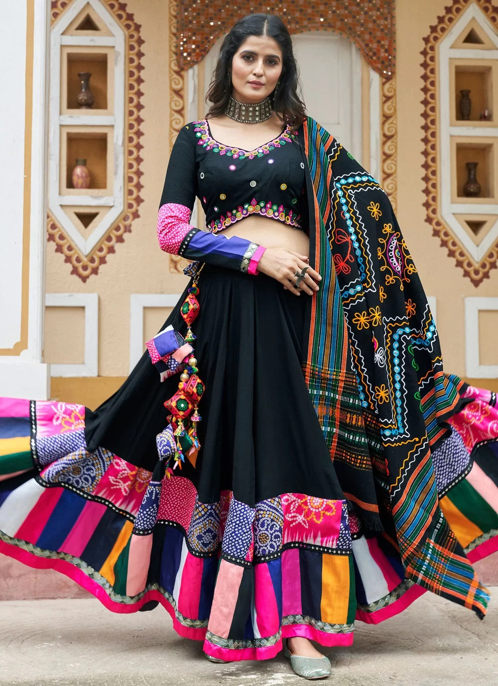 Black Printed Viscose Rayon Navratri Special Lehenga