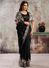 Black Lustrous Satin Ready To Wear Saree with Floral Applique & Stone Work