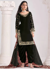 Timeless Black Roman Silk Patiyala Suit with Mirror Embroidery