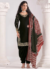 Timeless Black Roman Silk Patiyala Suit with Mirror Embroidery