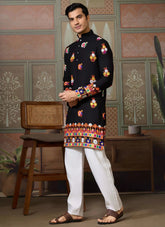 Stylish Black Cotton Mirror Work Men’s Kurta for Navratri