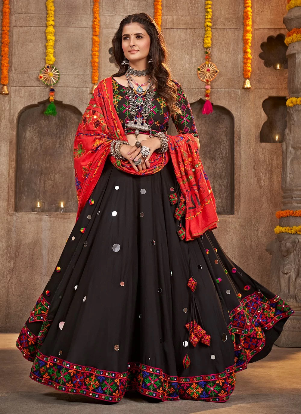 Black Viscose Rayon Mirror and Embroidered Navratri Dress