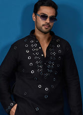 Black Viscose Silk Kurta Pyjama for Men with Real Mirror & Thread Work | Gunj Fashion