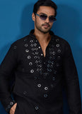 Black Viscose Silk Kurta Pyjama for Men with Real Mirror & Thread Work | Gunj Fashion