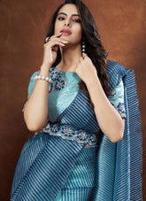 Blue Banarasi Crush Silk  Applique & Moti Embellishments Saree with Georgette Stitched Blouse