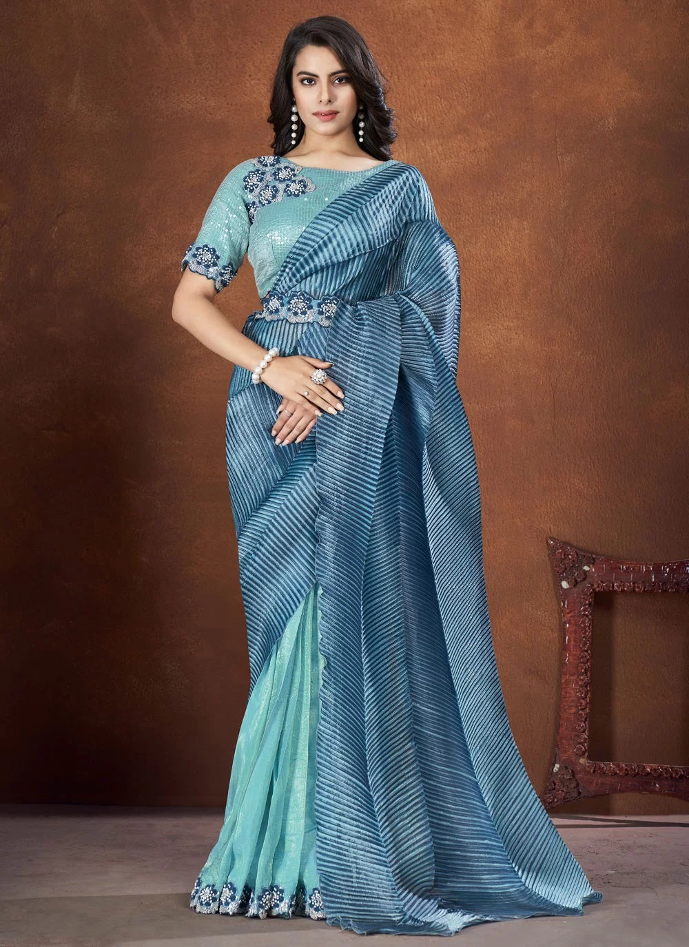 Blue Banarasi Crush Silk Applique & Moti Embellishments Saree with Georgette Stitched Blouse