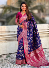 Blue Banarasi Silk Saree with Rose Gold Zari | Festive Wear Saree