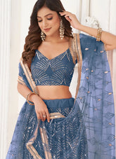 Blue Butterfly Net Sequins Work Party Lehenga