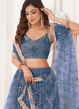 Blue Butterfly Net Sequins Work Party Lehenga