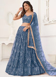 Blue Butterfly Net Sequins Work Party Lehenga