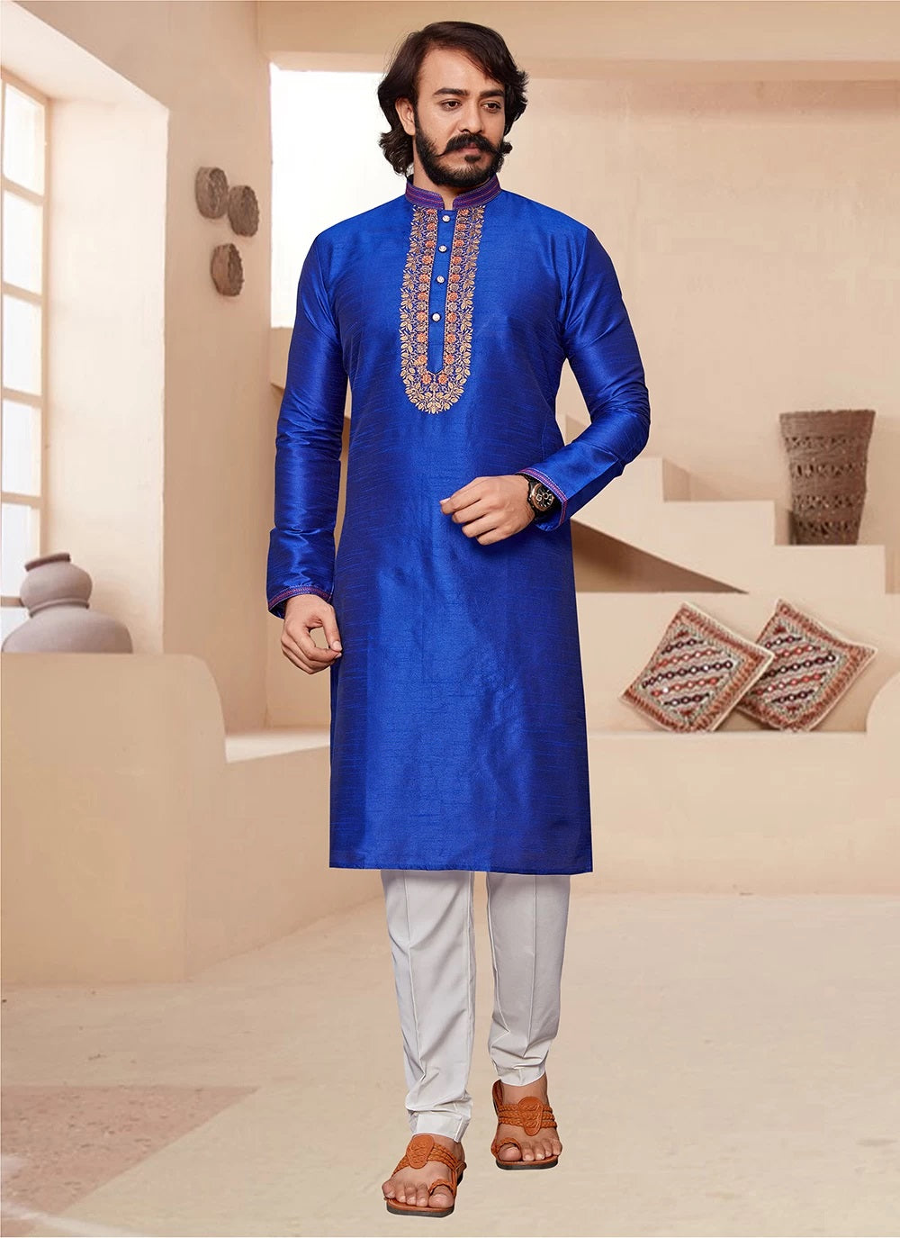 Blue Color Art Silk Embroidery Mens Kurta Pajama