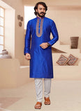 Blue Color Art Silk Embroidery Mens Kurta Pajama