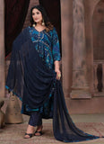 Blue Color Trendy Alia Cut Handwork Kurti Pant Dupatta Set