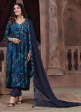 Blue Color Trendy Alia Cut Handwork Kurti Pant Dupatta Set
