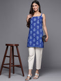 Blue Cotton Printed Square Neck Tunic Top