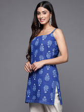 Blue Cotton Printed Square Neck Tunic Top