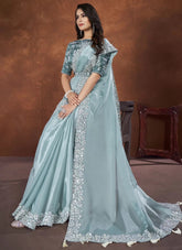 Blue Crepe Satin Silk Saree with Malai Satin Stitched Blouse