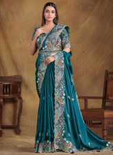Blue crush satin silk saree with sequins, moti & stone work full look