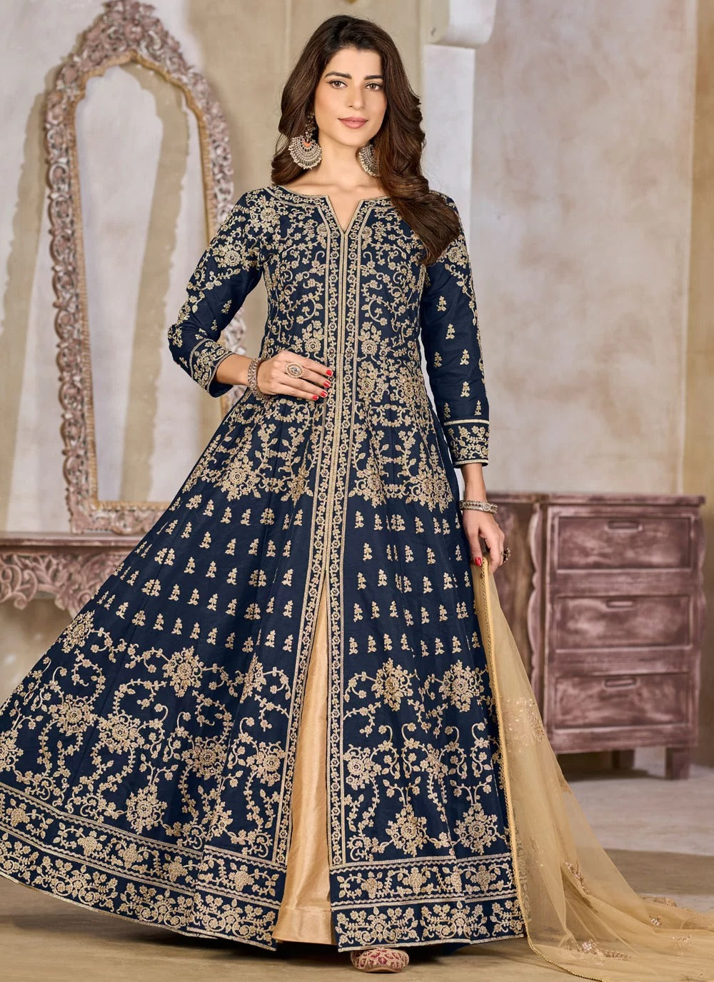 Blue Embroidered Abaya Suit with Net Dupatta for Women