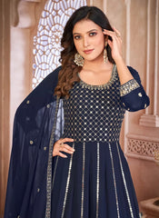 Blue Faux Georgette Embroidered Anarkali Suit