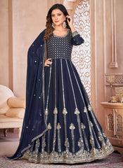 Blue Faux Georgette Embroidered Anarkali Suit