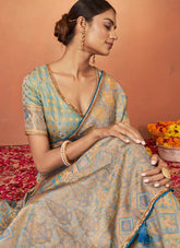 Blue Indian Traditional Saree In Tusser Satin Silk