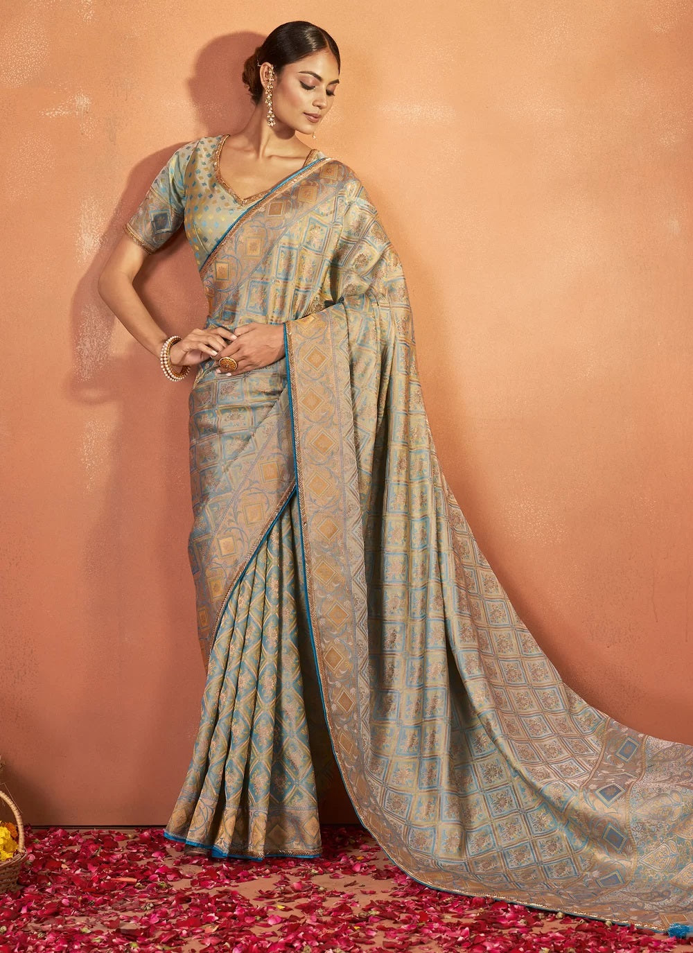 Blue Indian Traditional Saree In Tusser Satin Silk