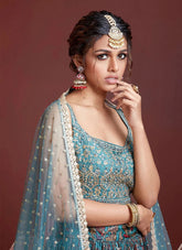 Blue Red & Gold Embroidered Lehenga Choli with Threadwork Dupatta