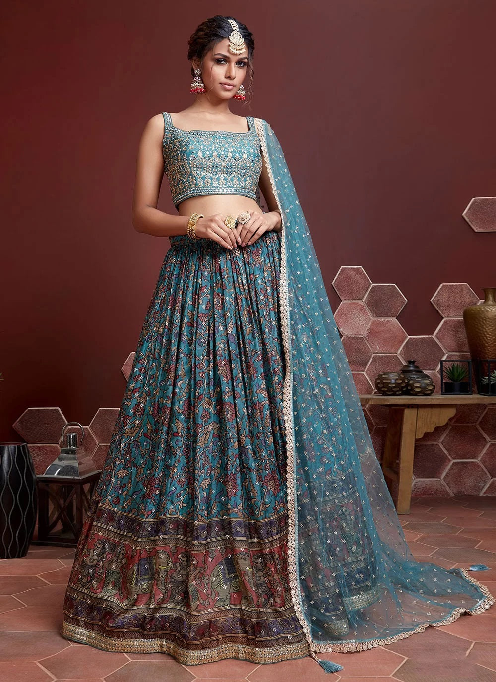 Blue Red & Gold Embroidered Lehenga Choli with Threadwork Dupatta