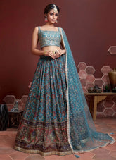 Blue Red & Gold Embroidered Lehenga Choli with Threadwork Dupatta
