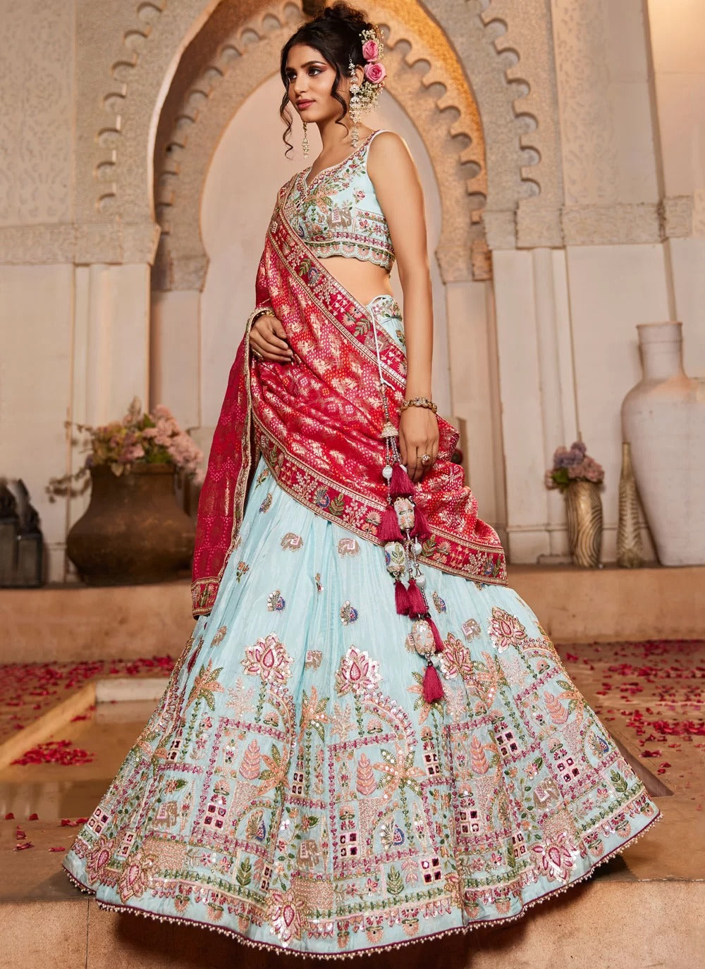 Blue Tissue Designer Bridesmaid Lehenga with Embroidered Dupatta