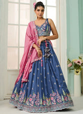 Party wear lehenga for women in blue vichitra silk with heavy embroidery