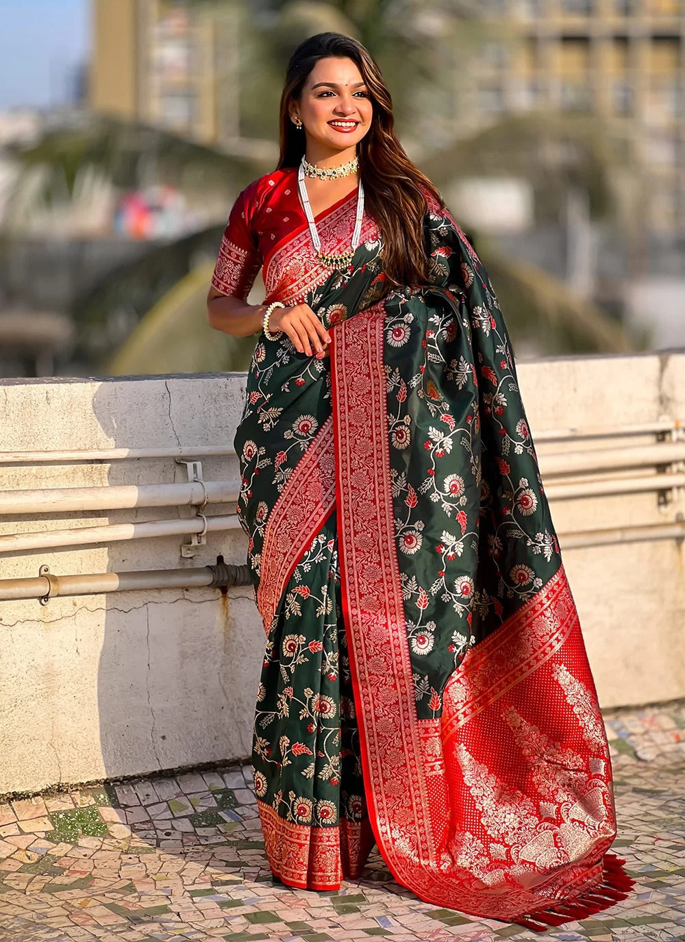 Bottle Green Banarasi Soft Silk Saree for Wedding | Zari Woven