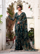Bottle green lurex brasso saree with floral work