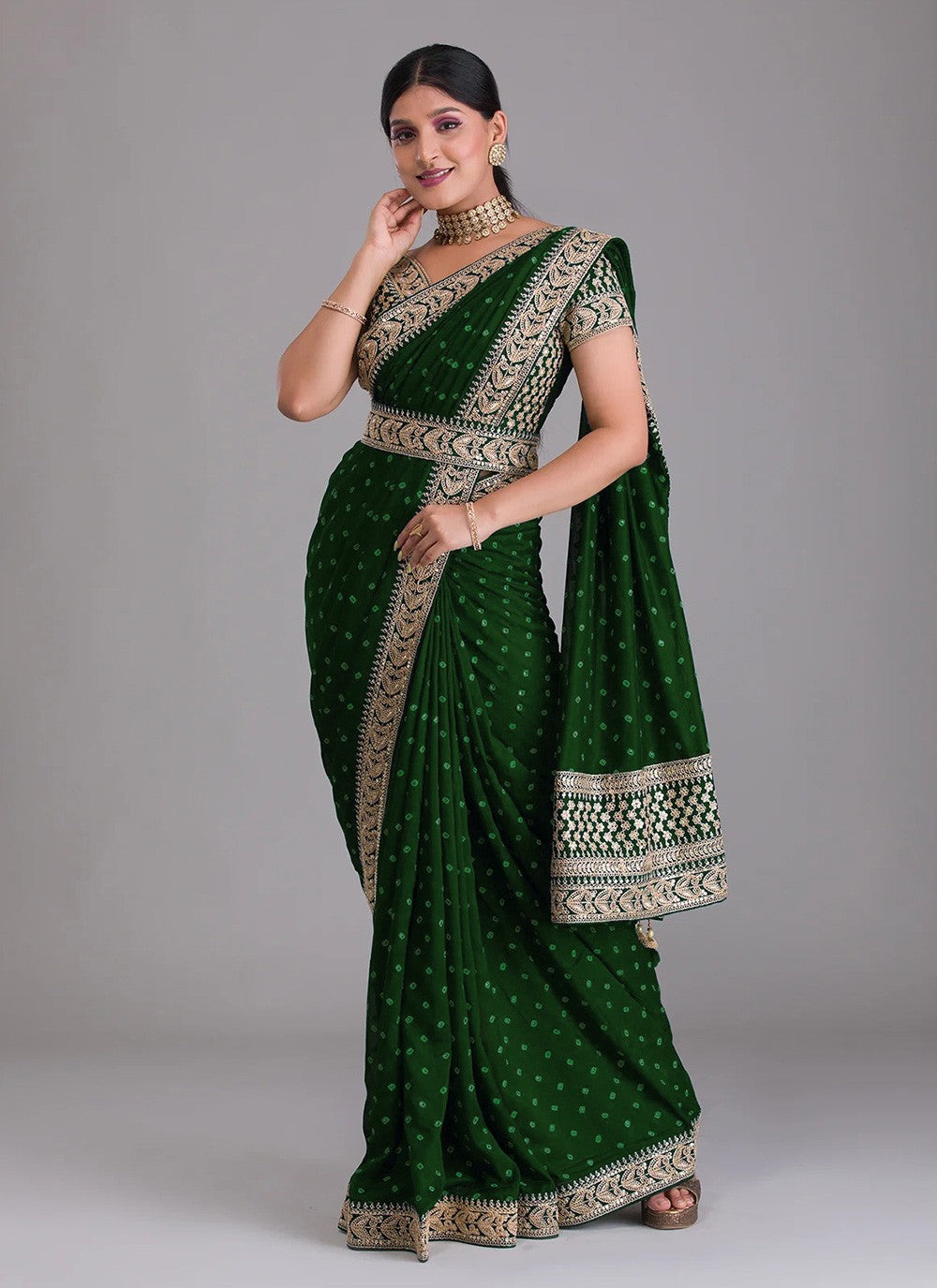 Bottle Green Zariwork Georgette Indian Designer Saree