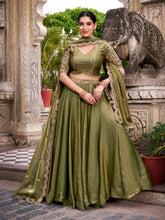 Mehandi Color Sequins And Thread Embroidery Work Belt Fendi Lehenga Choli